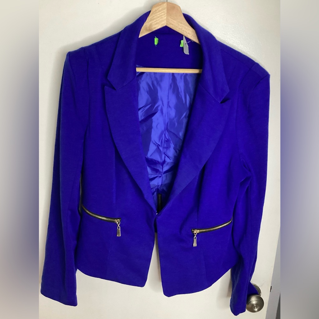 Nwot Vibrant Blue Women's Blazer With Gold Zipper Details L/Xl